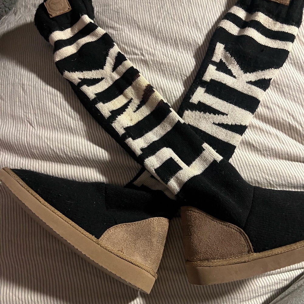Pink Black Knit Over-the-Knee Boots with Cream Logo Stripe